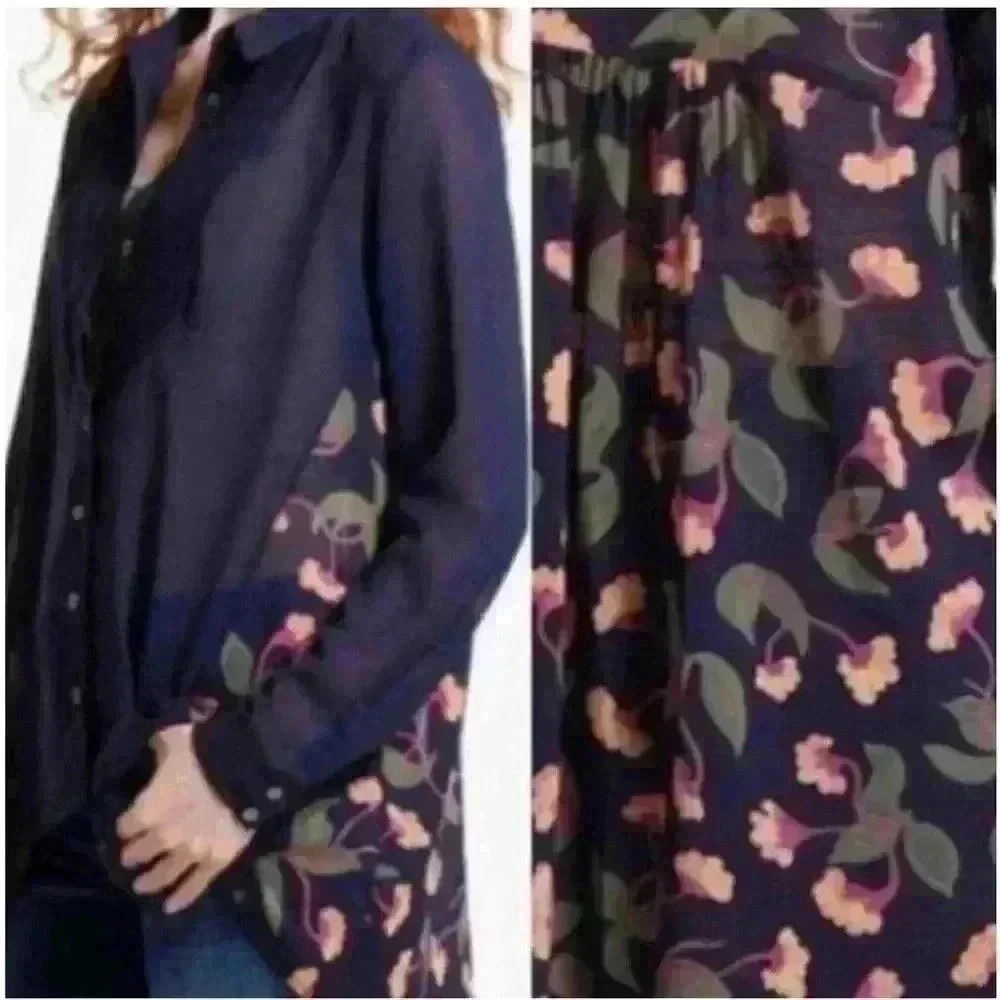 Anthropologie Maeve Ira Button Down Floral Tunic Top Pleated Bib Navy Blue - Picture 3 of 13